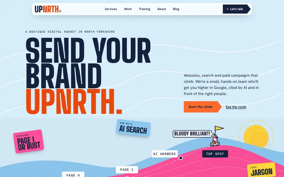 The UpNrth Digital homepage, with the Send your brand UpNrth headline and the illustrated fell